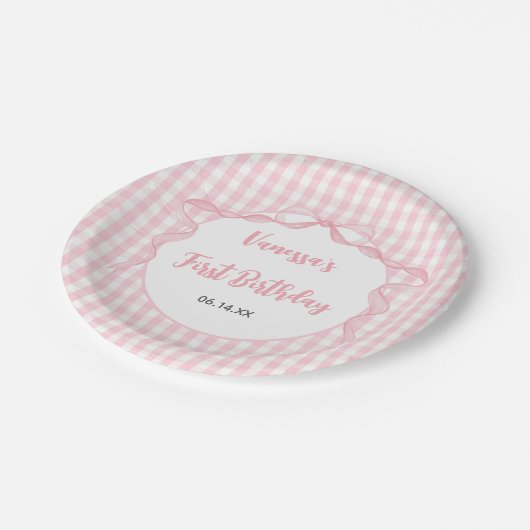 Assiettes En Carton Coquette Bow rose pâle 1er anniversaire (Angle)