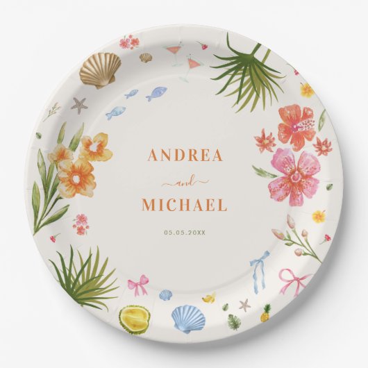 Assiettes En Carton Coquette Tropicale Coquillages Bows Palm Tree Mari (Devant)