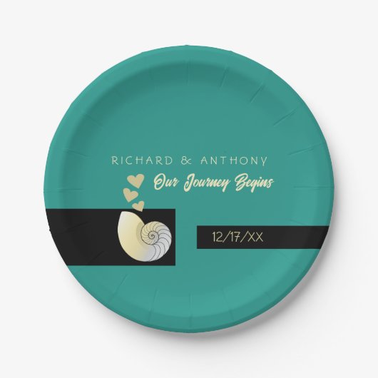 Assiettes En Carton Coquillage et Coeurs, Mariage plage (Devant)