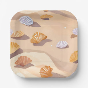 Assiettes En Carton Coquillages dans le Sable   Aquarelle Océan Plage