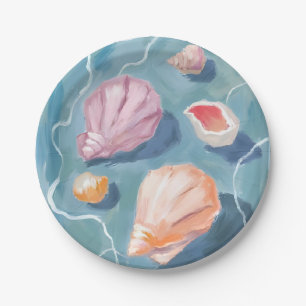 Assiettes En Carton Coquillages Océaniques Aquarelle Plage Côtière Mer