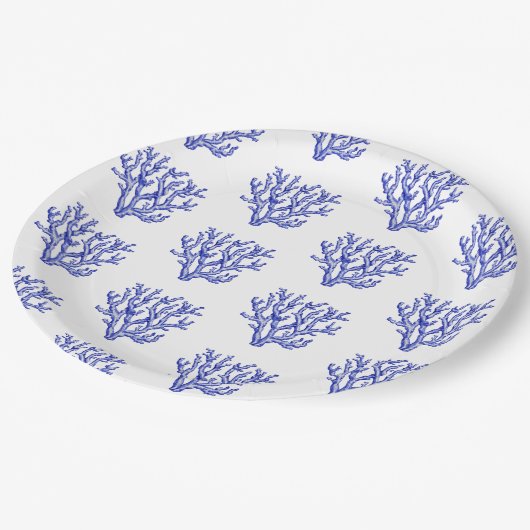 Assiettes En Carton Corail bleu et blanc (Angle)