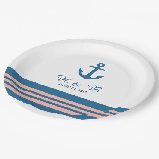 Assiettes En Carton Corail bleu Plaques Mariages Ancres nautiques (Angle)