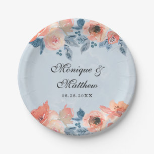 Assiettes En Carton Corail et bleu Dusty Mariage botanique