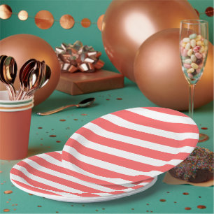 Assiettes En Carton Corail et rayures blanches