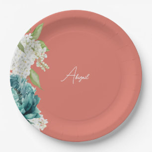 Assiettes En Carton Corail sarcelle et floral personnalisé Bridal Show