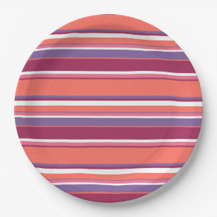 Assiettes En Carton Corail vivant, bandes rouge et violet