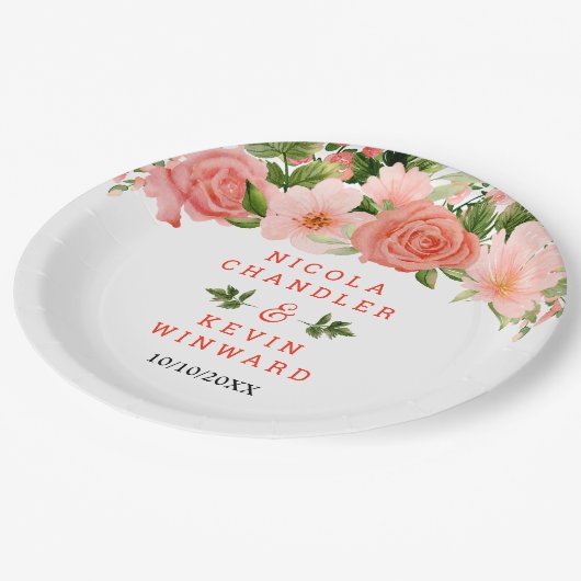 Assiettes En Carton Coral Red Roses with Foliage (Angle)