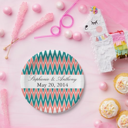 Assiettes En Carton Coral rose et Turquoise Mariage Zigzag (Fête)