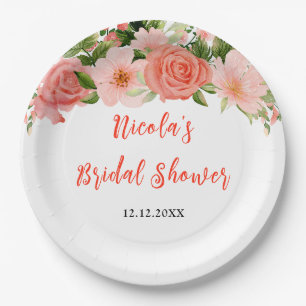 Assiettes En Carton Coral Rose Rouge Fleurs de Mariage