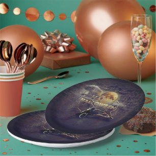 Assiettes En Carton Corbeau gothique éffrayant En Pleine lune Hallowee