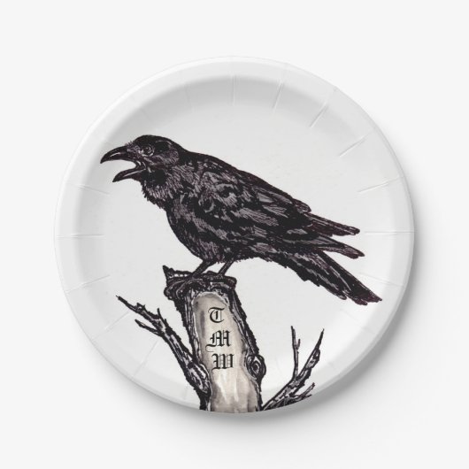 Assiettes En Carton Corbeau noir et blanc Corbeau Monogramme d'oiseau  (Devant)