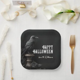 Assiettes En Carton Corbeau & Rose Noire Gothique Halloween Nom Person