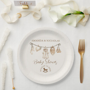 Assiettes En Carton Corde à linge bébé neutre Baby Shower rayé