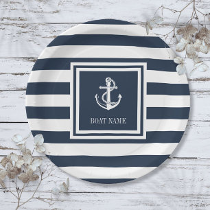Assiettes En Carton Corde d'ancre nautique Nom du bateau Navy bleu ray