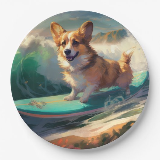 Assiettes En Carton Corgi Beach Surf Peinture (Devant)