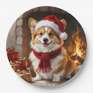 Assiettes En Carton Corgi de Noël au coin du feu