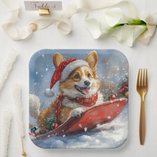 Assiettes En Carton Corgi Dog in Sledge laissez passer Noël (Mariage)