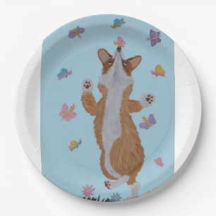Assiettes En Carton Corgi gallois dansant avec des papillons