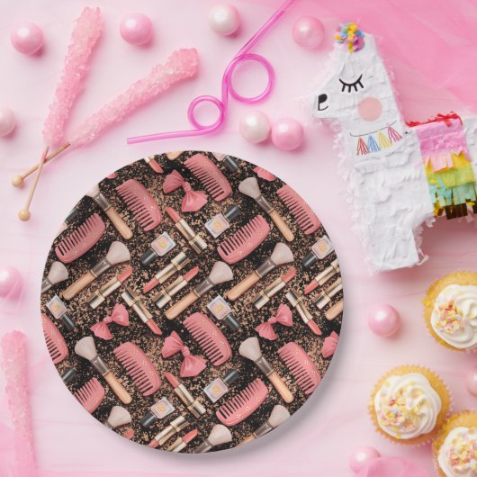 Assiettes En Carton Cosmétiques Rose Motif Paillettes (Fête)