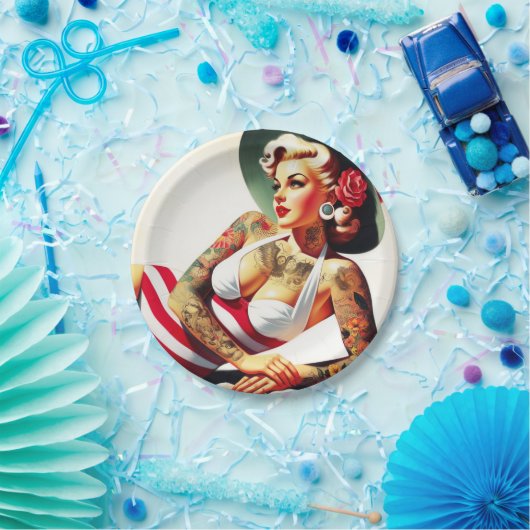 Assiettes En Carton Costume de bain tatoué rétro Pin-up (Fête)