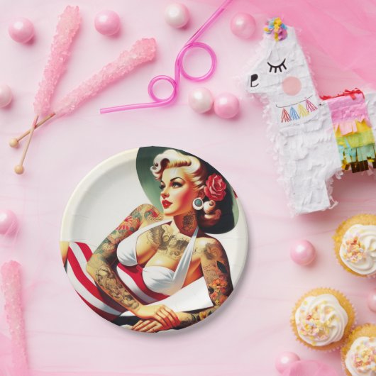 Assiettes En Carton Costume de bain tatoué rétro Pin-up (Fête)