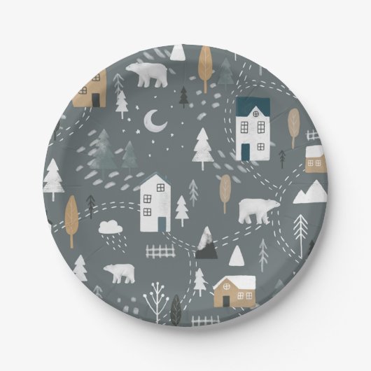 Assiettes En Carton Cosy bleu gris hiver dans le village nordique (Devant)