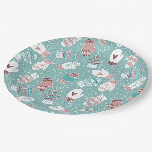 Assiettes En Carton Cosy hiver Noël Mittens Motif à Mint (Angle)