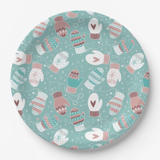 Assiettes En Carton Cosy hiver Noël Mittens Motif à Mint (Devant)