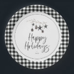 Assiettes En Carton Cosy Nature Fête de vacances<br><div class="desc">Nature moderne et simpliste et douillette,  Plaque de papier de fête de vacances. Branche aquarelle ornée de pinecones et d'ornements décoratifs étoiles,  design de typographie chic avec bordure motif plaid tendance.</div>