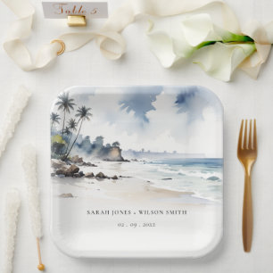Assiettes En Carton Côte Bali Beach Palm Tree Mariage d'aquarelle