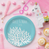 Assiettes En Carton Côte Mer Blanche Corail Nom du couple Mariage (Fête)
