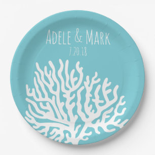 Assiettes En Carton Côte Mer Blanche Corail Nom du couple Mariage