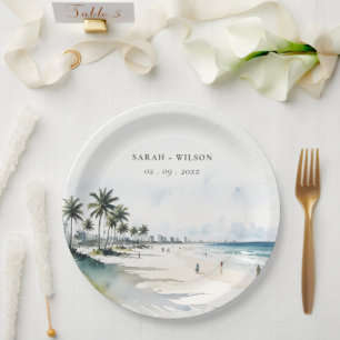 Assiettes En Carton Côte Miami Beach Palm Tree Mariage d'aquarelle