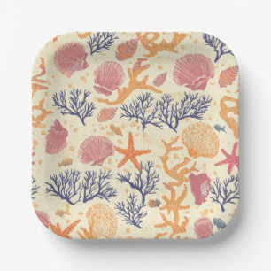 Assiettes En Carton Côtière rustique - Coquillages, Poissons étoilés, 