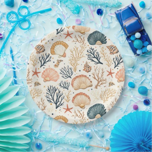 Assiettes En Carton Côtière rustique - Coquillages, Starfish, Reef (24 (Fête)