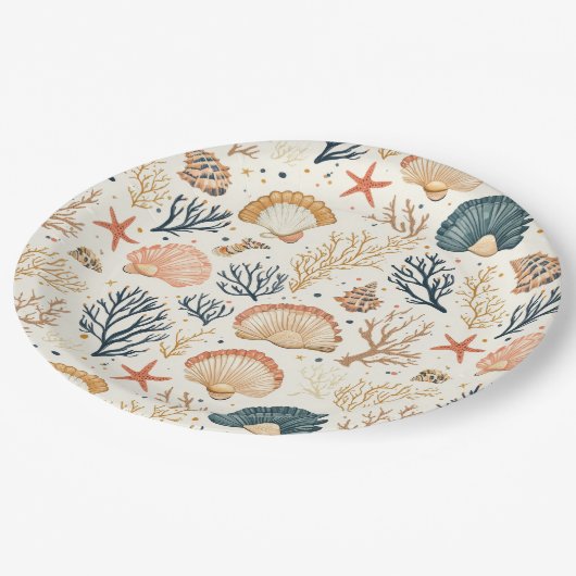 Assiettes En Carton Côtière rustique - Coquillages, Starfish, Reef (24 (Angle)