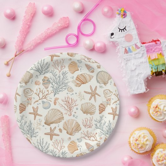 Assiettes En Carton Côtière rustique - Coquillages, Starfish, Reef (32 (Fête)