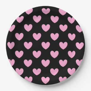 Assiettes En Carton Coton Candy Pink coeurs de polka sur noir
