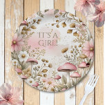 Assiettes En Carton Cottage Core Mushrooms and Flowers | It's a Girl<br><div class="desc">A pretty pink and gold cottage core flowers and mushrooms paper plate for a baby shower with text that says,  "it's a girl."</div>