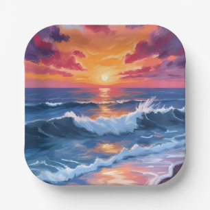 Assiettes En Carton Coucher de soleil océanique Vagues de plage Aquare