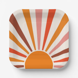 Assiettes En Carton Coucher de soleil rétro Coucher de soleil orange j