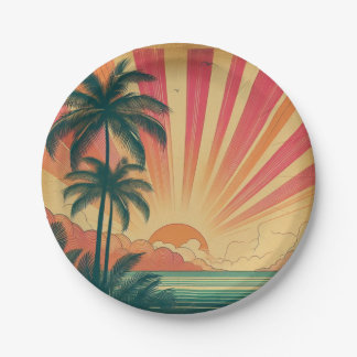 Assiettes En Carton Coucher de soleil rétro/tropical vintage/hawaïen