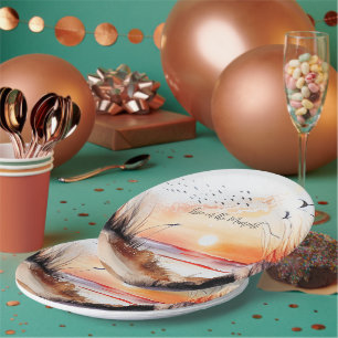 Assiettes En Carton Coucher de soleil sur la plage avec des oiseaux