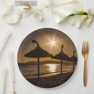 Assiettes En Carton Coucher de soleil sur la plage, Majorque, Espagne