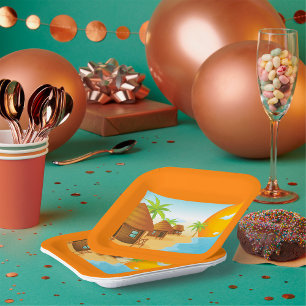 Assiettes En Carton Coucher de soleil tropical avec des huttes de chau