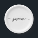Assiettes En Carton Could you please provide the German sentence you’d<br><div class="desc">Modern Minimalist Elegant White Feminine Monogram Name Script Signature Custom Personalized Paper Plates. This design featuring your first name in a pretty hand lettered style swash tail font signature typography (or calligraphy) in black color on white background. These are easy to customize it. Great for housewarming, also for birthday, wedding,...</div>