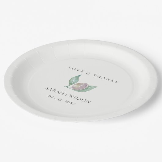 ASSIETTES EN CARTON COULEUR D'EAU VERTE BLEU FOLIAGE MONOGRAMME OLIVE (Angle)