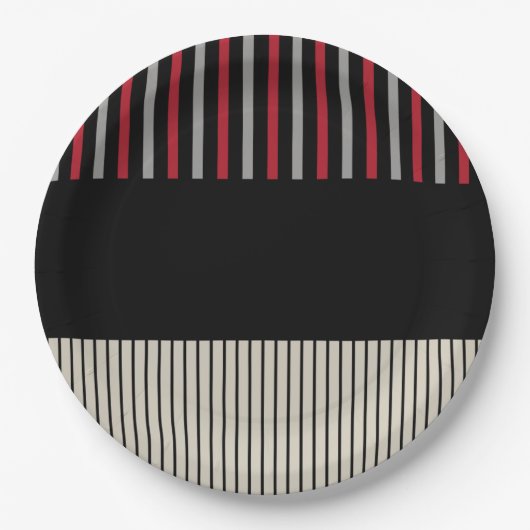 Assiettes En Carton Couleur Pop Stripes-Rouge, Gris, Noir et Bone Blan (Devant)