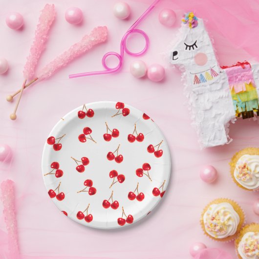 Assiettes En Carton couleur vive cerise motif (Fête)